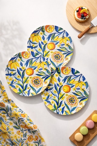 Grandora Renkli Narenciye Çiçek Desenli 6 Adet, 27 Cm Servis Tabağı Pasta, Tatlı, Kahvaltı Tabağı Seti Çok Renkli
