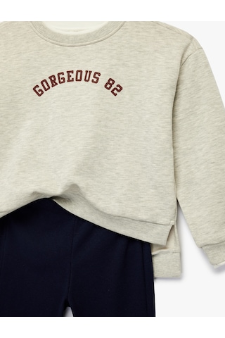 Koton Baskılı Uzun Kollu Şardonlu Sweatshirt Ve İspanyol Paça Pantolon Takımı - 2'li Set Kar Melanj 6skg10260ak Gri Melanj