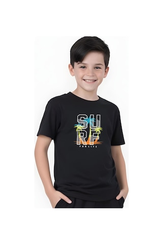 Panios Kids Surf Baskılı Erkek Çocuk Kısa Kollu Tişört Siyah