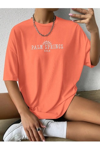 Palm Springs T-shirt - Turuncu Baskılı Oversize Bisiklet Yaka Kısa Kol Tişört Turuncu