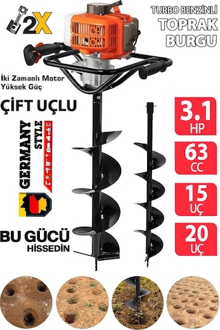 Germanystyle GRMPRO630 3.1 Hp 63 CC Turbo Benzinli Toprak Burgu Makinesi Çift Uçlu 20 CM +15 CM