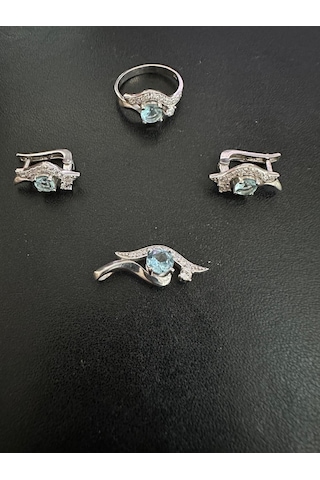 Göz Modeli Gümüş Set Takım Akuamarin Ve Zirkon Taşlı 925 Ayar