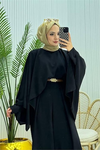 Neşeli Butik Kadın Pelerinli Kemer Detaylı Tesettür Tulum Nms061 Siyah