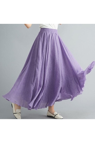 Yaz Sonbahar Kadın Etek Edebi Büyük Boy Pamuk Keten Yarım Etek Elastik Bel Keten A-line Etek Uzun Bölüm Saf Renk Rüzgar Salıncak Etek Mor