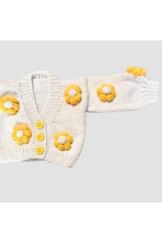 Uretti - Gülnur 2184 - El Örgüsü Çiçek Motifli Çoraplı Kız Çocuk Hırka 3 Yaş - Beyaz Beyaz