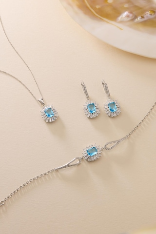 925 Ayar Gümüş Set Rodyum Kaplama Baget Aquamarin Taşlı Kolye,bileklik Ve Küpe