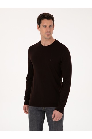 Cacharel Kahverengi Slim Fit Pamuk Karışımlı Bisiklet Yaka Basic Triko Kazak