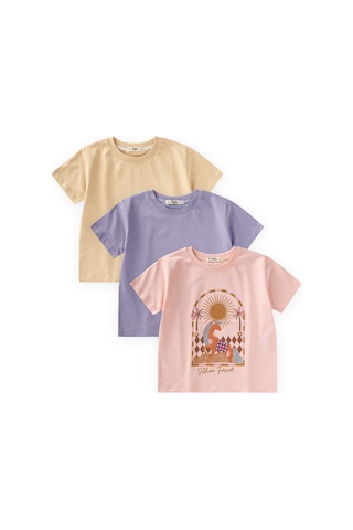 Cigit Üçlü Set Kız T-shirt 2-10 Yaş Lila Sarı Pudra