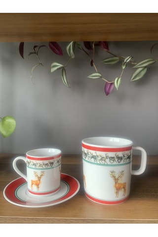 Yeni Yıl-noel Geyik Model 6 Parça 2 Kişilik Kupa Ve Türk Kahvesi Fincanı Takımı Çok Renkli