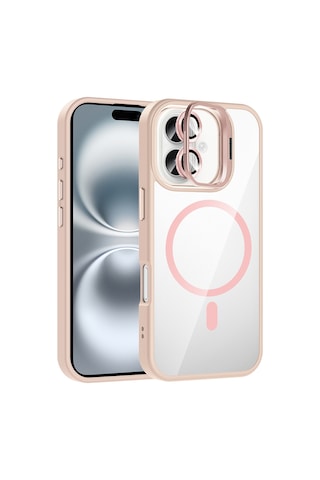 Apple Uyumlu iPhone 16 Plus Kılıf Standlı + Kamera Lens Koruma Setli M-safe Şarj Özellikli Mkst Etro Pembe Pembe