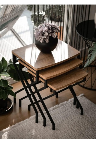 Modern Estetik Minimalist Çok Amaçlı Siyah Metal Ayak 3'lü Doğal Ahşap Zigon Sehpa Siyah