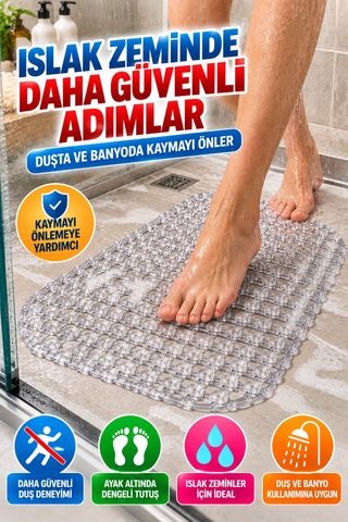 Crystal Kaymaz Vantuzlu Banyo Paspası Şeffaf 68x35 Cm Islak Zemin Kaydırmaz Küvet Duşakabin Pvc Matı