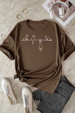 Unisex Kedi Baskılı Oversize Tshirt Kahverengi