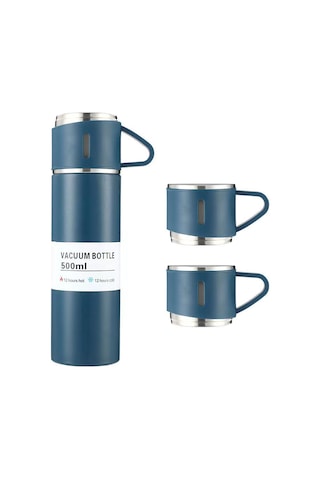 Hangfox 304 Paslanmaz Çelik Termos Bardak 500ml - 12 Saat Isı Saklama, Dışarıdaki Kullanim Için, 3 Kapağıyla Mavi Hediye Kutusu Seti Mavi