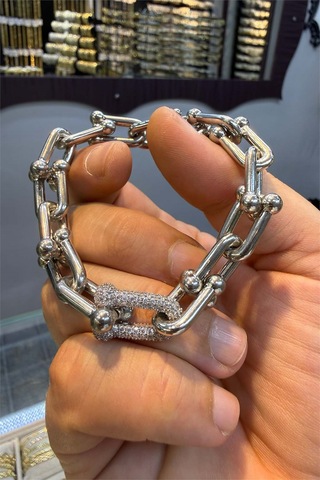 Silver Spor Kalın Taşlı Bileklik Beyaz