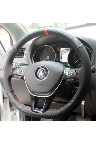 Vw Polo (2014-2018) Direksiyon Kılıfı Carbon-Alkantra Kırmızı