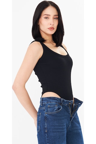Distimi Askılı Fitilli Bodysuit Pamuk Siyah