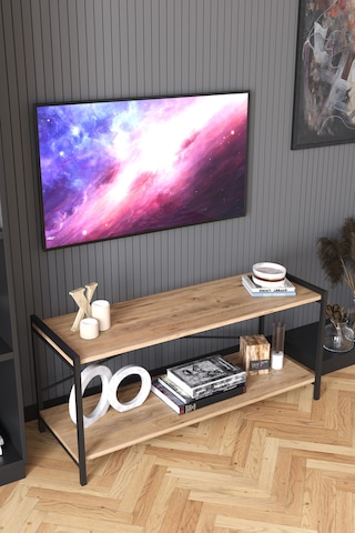 Dekoratif TV Ünitesi Ahşap Metal Ayaklı Raflı Televizyon Sehpası