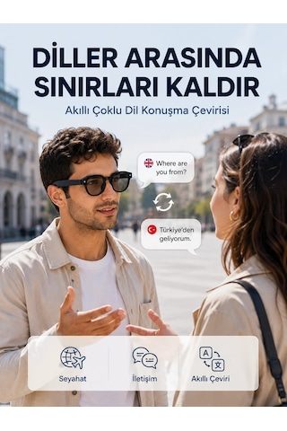 Mey İthalat Siyah Aı Akıllı Gözlük Fotoğraf Video Ses Kayıtlı Çoklu Dil Çeviri Bluetooth Bağlantılı 3 Len