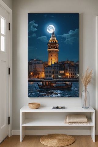 Galata Kulesi Ve Dolunay İstanbul Un Büyüsü Cam Tablo Gece Işıltısı Temalı