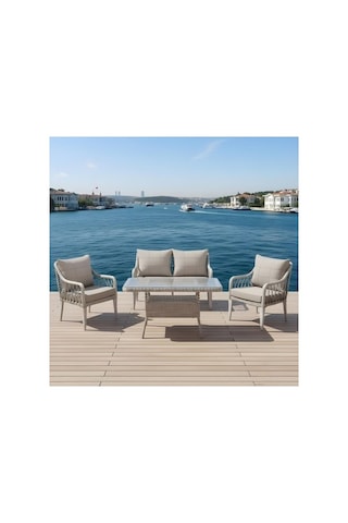 Dora Garden Home Zen 2+1+1 Bahçe Balkon Takımı 2+1+1 Camlı Masalı Açık Gri Siyah Çizgili