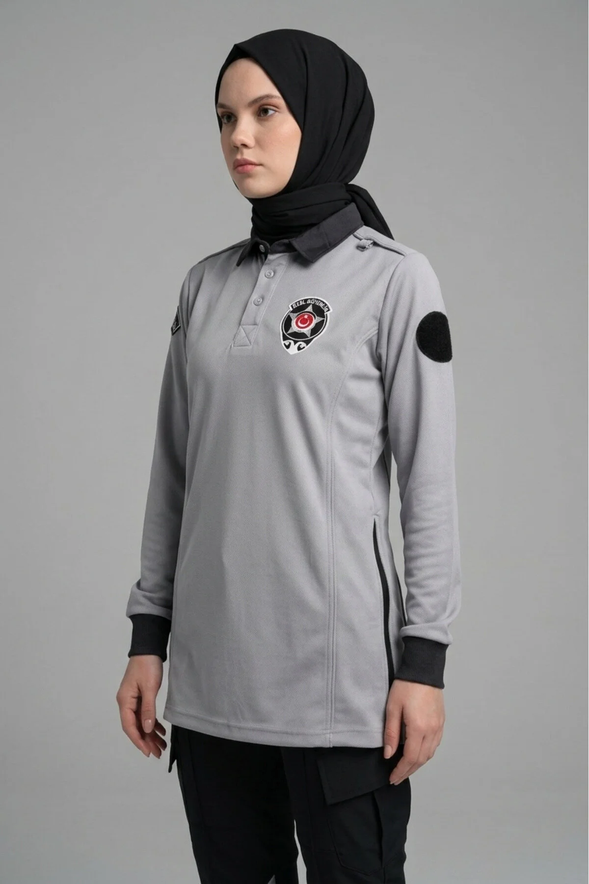 Kadın Özel Güvenlik Tunik Tişört Gri Yazlık Uzun Kollu Polo Yaka Tesettür Güvenlik Tişört