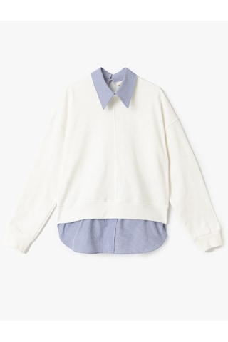 Koton İki Farklı Kumaş Kullanımlı Uzun Kollu Pamuklu Gömlek Yaka Sweatshirt Beyaz 5sak10188ek Beyaz
