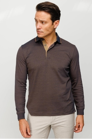 Desen Triko Erkek Polo Yaka Kare Desenli Uzun Kollu Sweatshirt Kahve Kahve