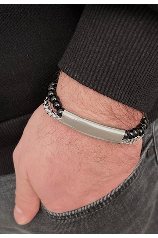 Siyah Ve Altın Renk Çelik Ve Boncuklu 2li Erkek Bileklik 23cm