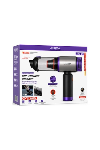 Auhma Ahv-27 22.000pa Kablosuz Araç İçi El Süpürgesi 220w Güçlü Motor 9.000mah Şarjlı Hava Üfleyici Araç & Ev Temizlik Süpürgesi Mor