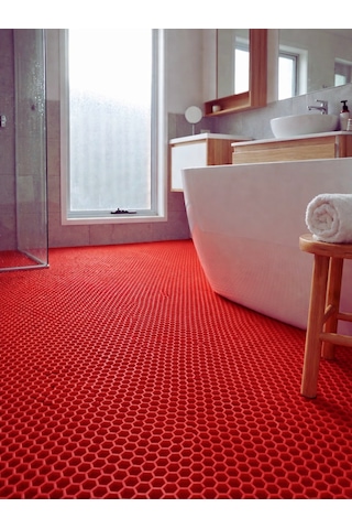 Beylini Petek Pvc Paspas Islak Zeminde Kaydırmaz İç Dış Mekan Banyo Duş Lavabo Havuz Kenar Halısı Bal Desen Kırmızı 90x600