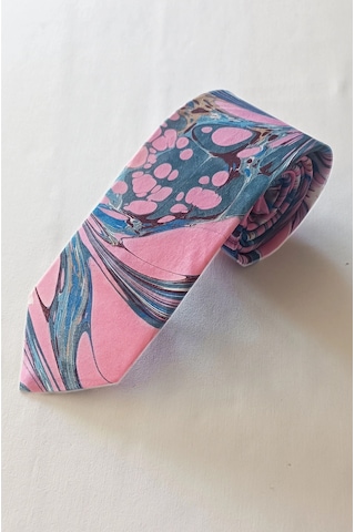 Elifebru Exclusive Handicrafts Ebru Sanatı El Yapımı Pembe Kahve Mavi İpek Kravat Ikr 152 Çok Renkli