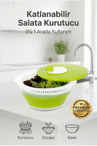 Katlanabilir Salata Kurutucu - Süzgeç Ve Kase Seti - 3 Ü 1 Arada 4.5 Litre Yeşil