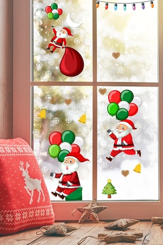 Balonla Uçan Noel Babalar Ve Kar Taneleri Yılbaşı Pencere Sticker
