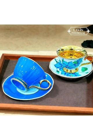2 Kişilik Yaldızlı Renkli Porselen Kahve Fincan Takımı Seti 90ml