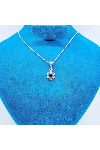 Papatya Model Zirkon Ve Oltu Taşı Tasarım 925 Ayar Gümüş Kolye Siyah