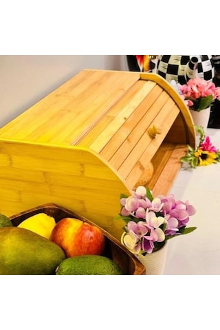 Doğal Bambu Demonte Ekmeklik, Ekmek Kutusu, Kayar Kapaklı, Geniş Hacimli, 38 X 23 X 19 Cm Açık Gri