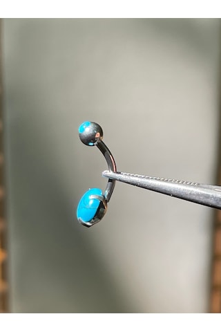 316 L Cerrahi Çelik Firuze Taşlı Gümüş Renginde Göbek Piercingi Gümüş