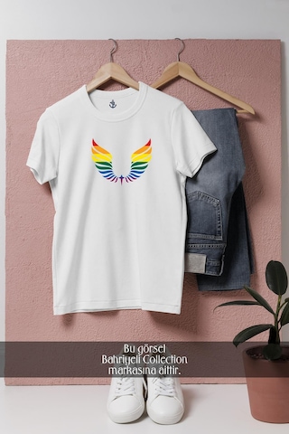 Oversize Wings Lgbt Colors Tasarımlı Unisex T-shirt Beyaz