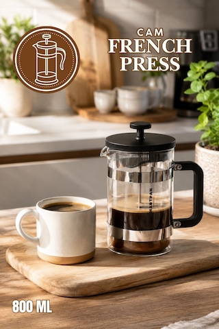 Porsima Smartpan Bv008 French Press Paslanmaz Çelik Süzgeçli Cam Bitki Çayı Demliği Kahve Presi - 800 Ml Siyah