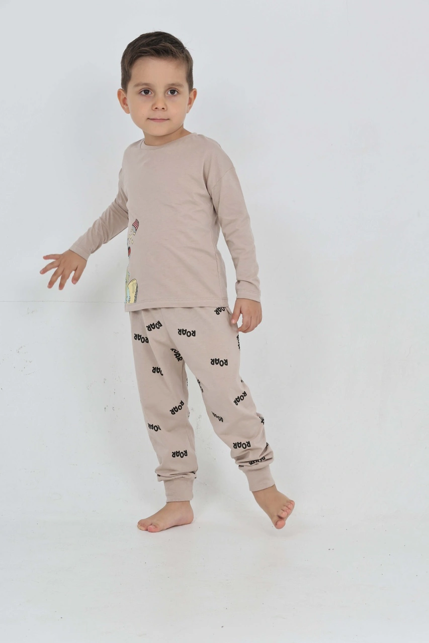 Toontoy Kids Toontoy Erkek Çocuk Roar Baskılı Pijama Takım Bej