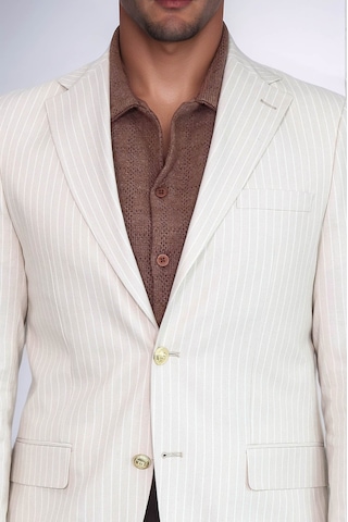 Ekru Çizgili Keten Dokulu Gold Renk Metal Düğmeli Slim Fit Erkek Blazer Ceket Wessi Cream