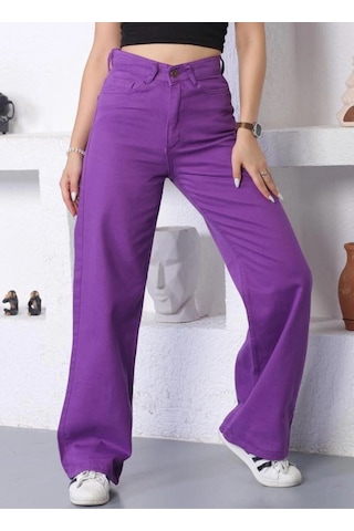 Kene Jeans Yüksek Bel Mor Keten Bol Paça Tam Kalıp Pantolon Mor