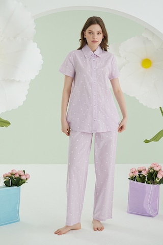Nbb Kadın Lila Kalpli Önden Düğmeli Pijama Takım