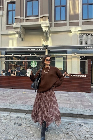 Asur Boutique Asur Butik Kadın Asimetrik Kesim Şifon Astarlı Etek Kahverengi