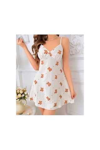 Lily Bianca Nightwear Hayvan Desenli Askılı Penye Gecelik Beyaz