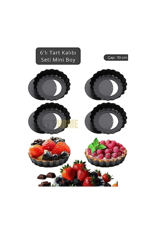 6 Lı Set Mini Boy Tart Kalıbı Çıkartılabilir Tabanlı Turta Kalıbı Karbon Çelik Kek Kalıbı 10 Cm Siyah