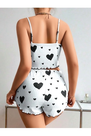 Jhena Siyah Kalp Desenli Pileli Atletli Ve Şortlu Kadın Penye Gecelik, Kadın Seksi Ev Giyim Pijama Ekru K.Puantıye