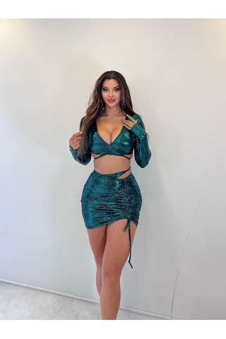 Yeşil Parlak Lame Kumaş Etekli İkili Takım Gold