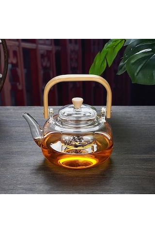 Bambu Saplı Isıya Dayanıklı Borosilikat Cam Süzgeçli Demlik 1000ml, Isıya Dayanıklı Cam Bitki Çayı Demliği 1 Diğer
